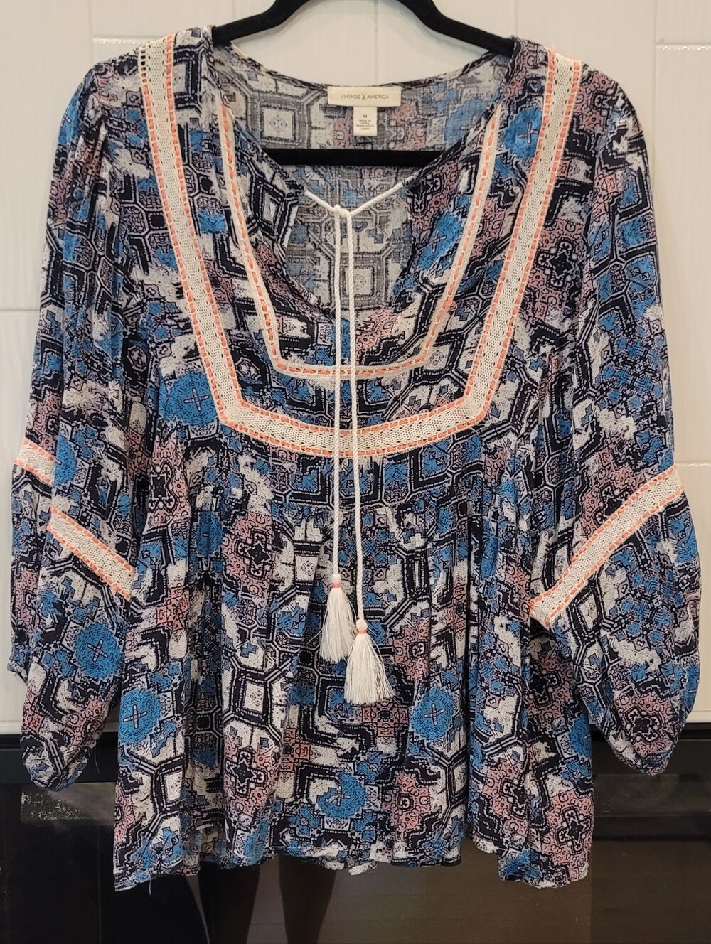 Vintage America Blues Embroidered Peasant Blouse Size M